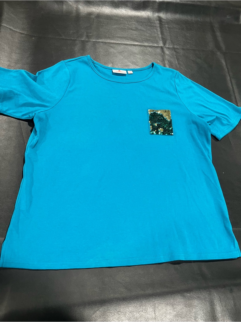 Quacker Factory Turquoise Short Sleeve Tee with Sequin Pocket Size XL